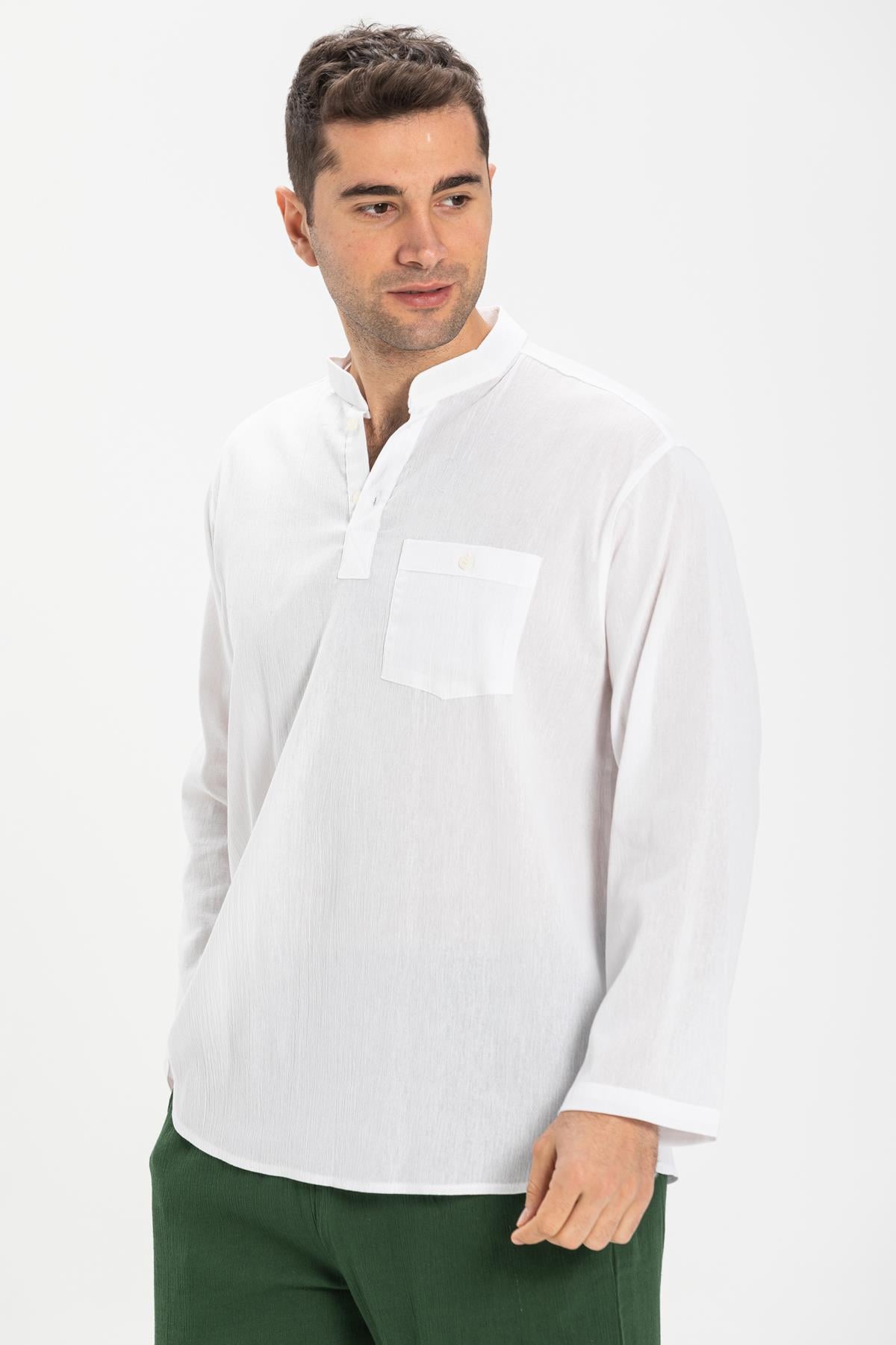 Uzun Kol Şile Bezi Tek Cepli Hakim Yaka Erkek Tshirt Beyaz 3001