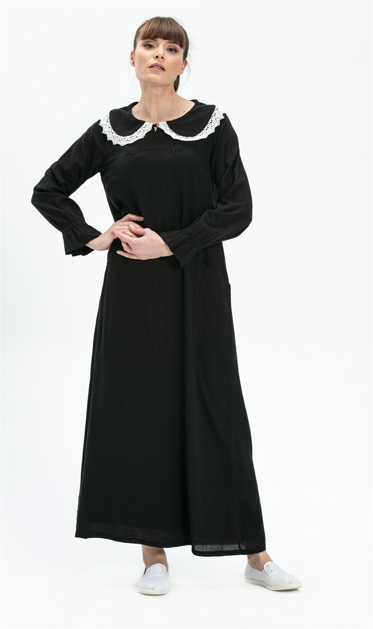 Long Sleeve Sile Fabric Zahide Long Dress Black