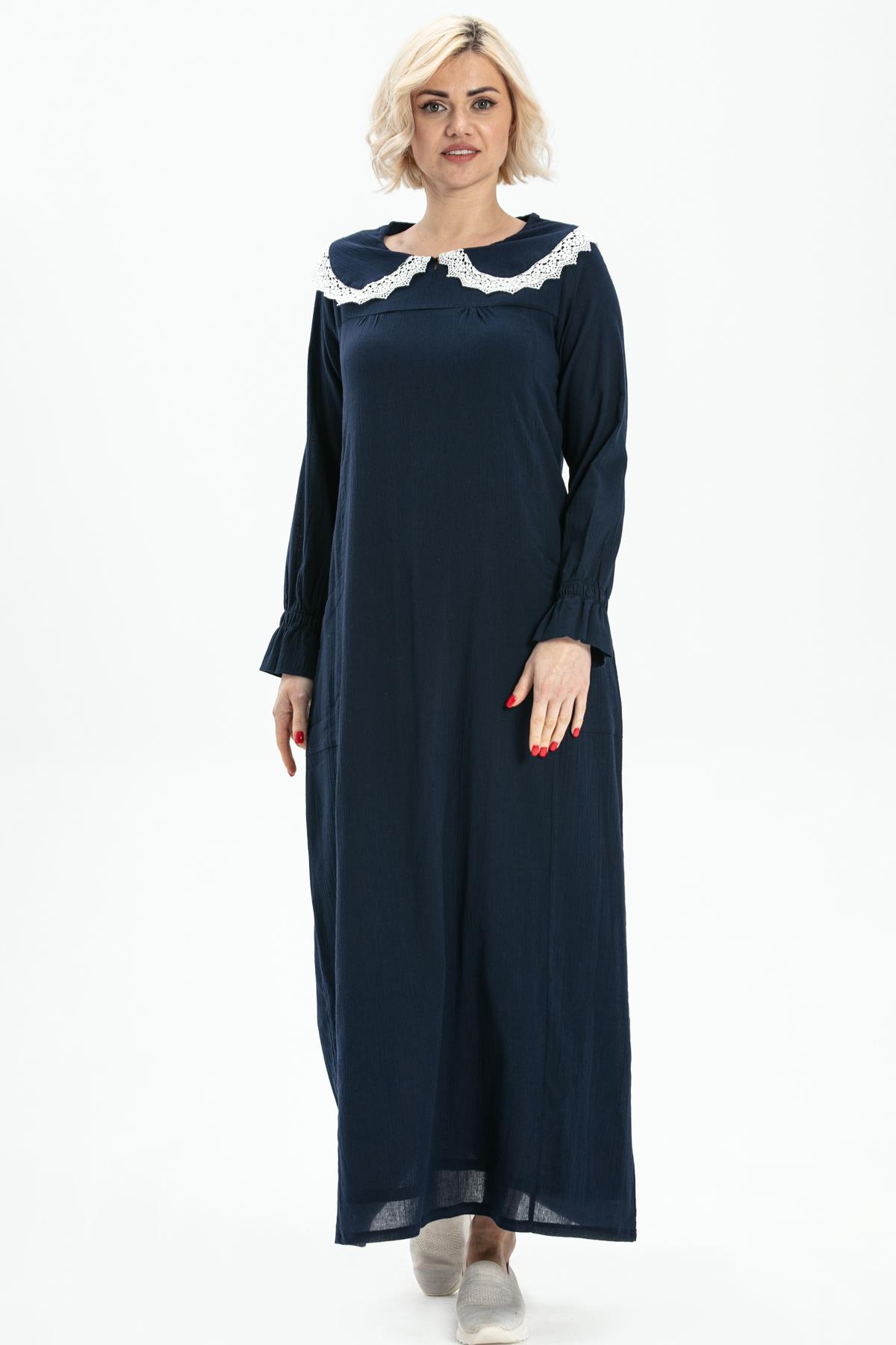 Long Sleeve Sile Fabric Zahide Long Dress Navy Blue