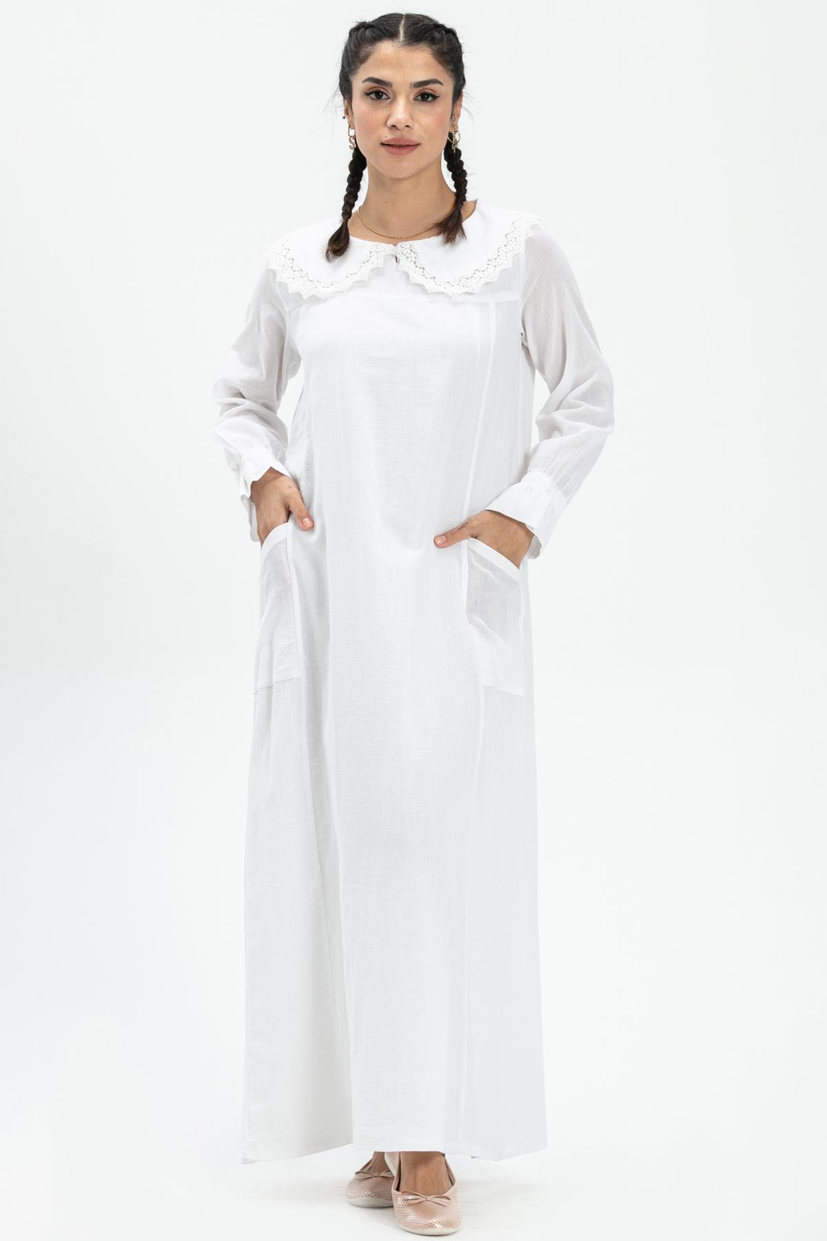 Long Sleeve Sile Fabric Zahide Long Dress White