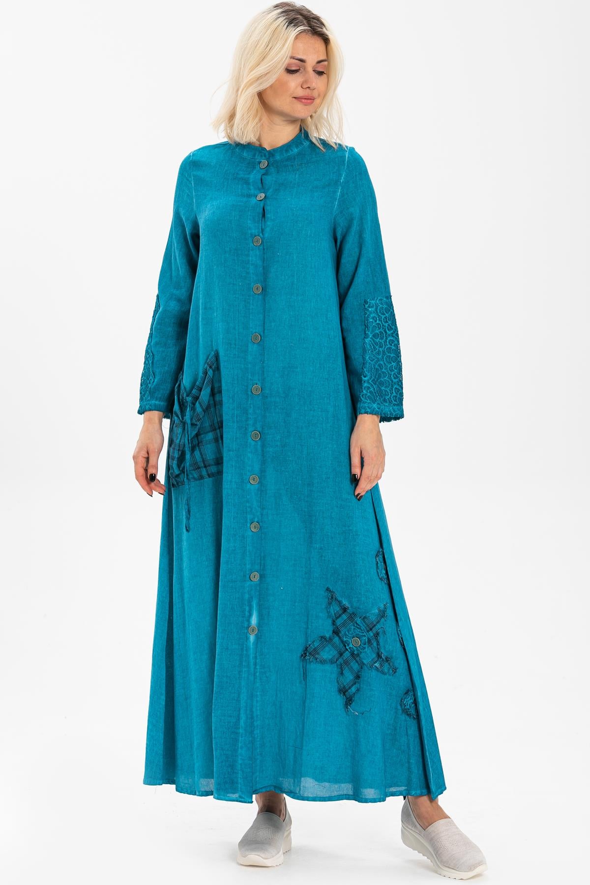 Long Sleeve Sile Fabric Zümrüt Long Dress Turquoise