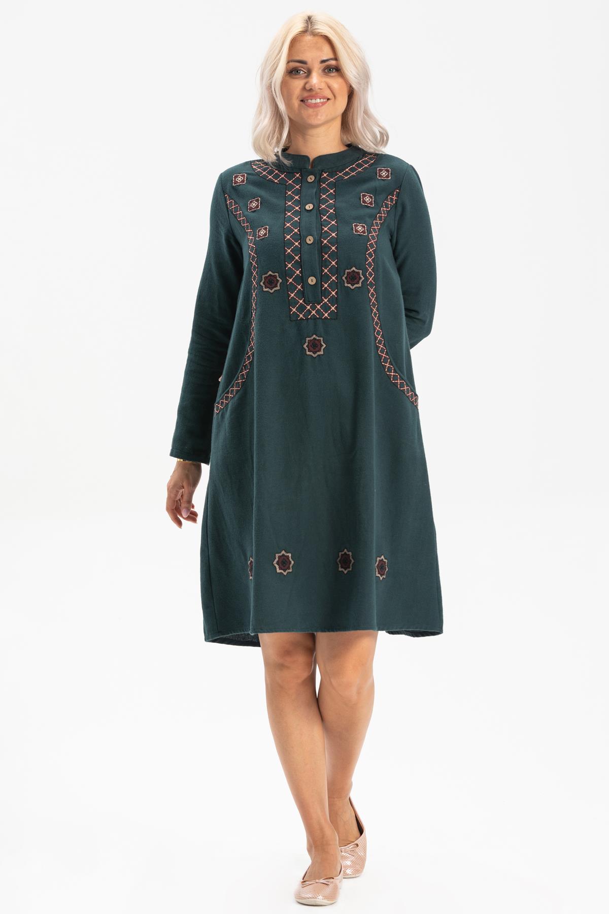 Long Sleeve Flannel Sude Embroidered Short Dress Petrol