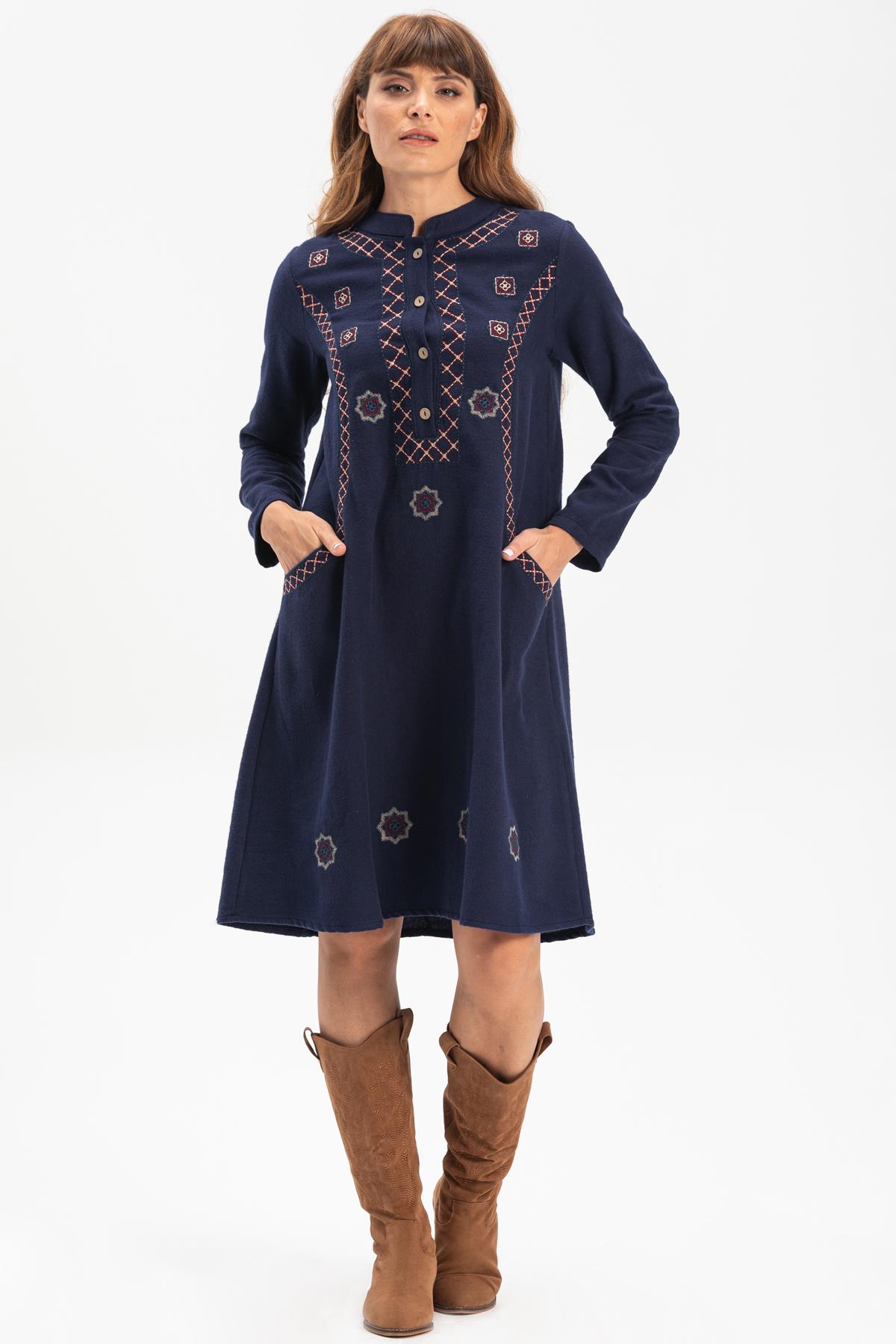 Long Sleeve Flannel Sude Embroidered Short Dress Navy Blue