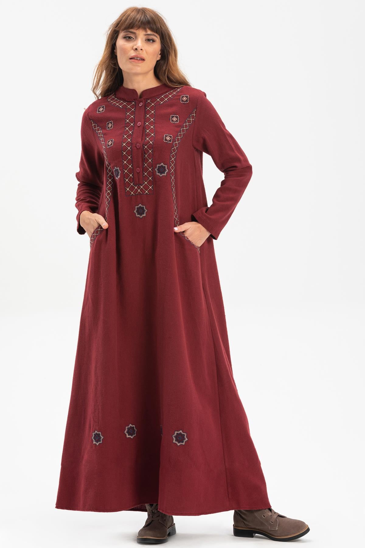 Long Sleeve Flannel Sude Embroidered Long Dress Claret Red
