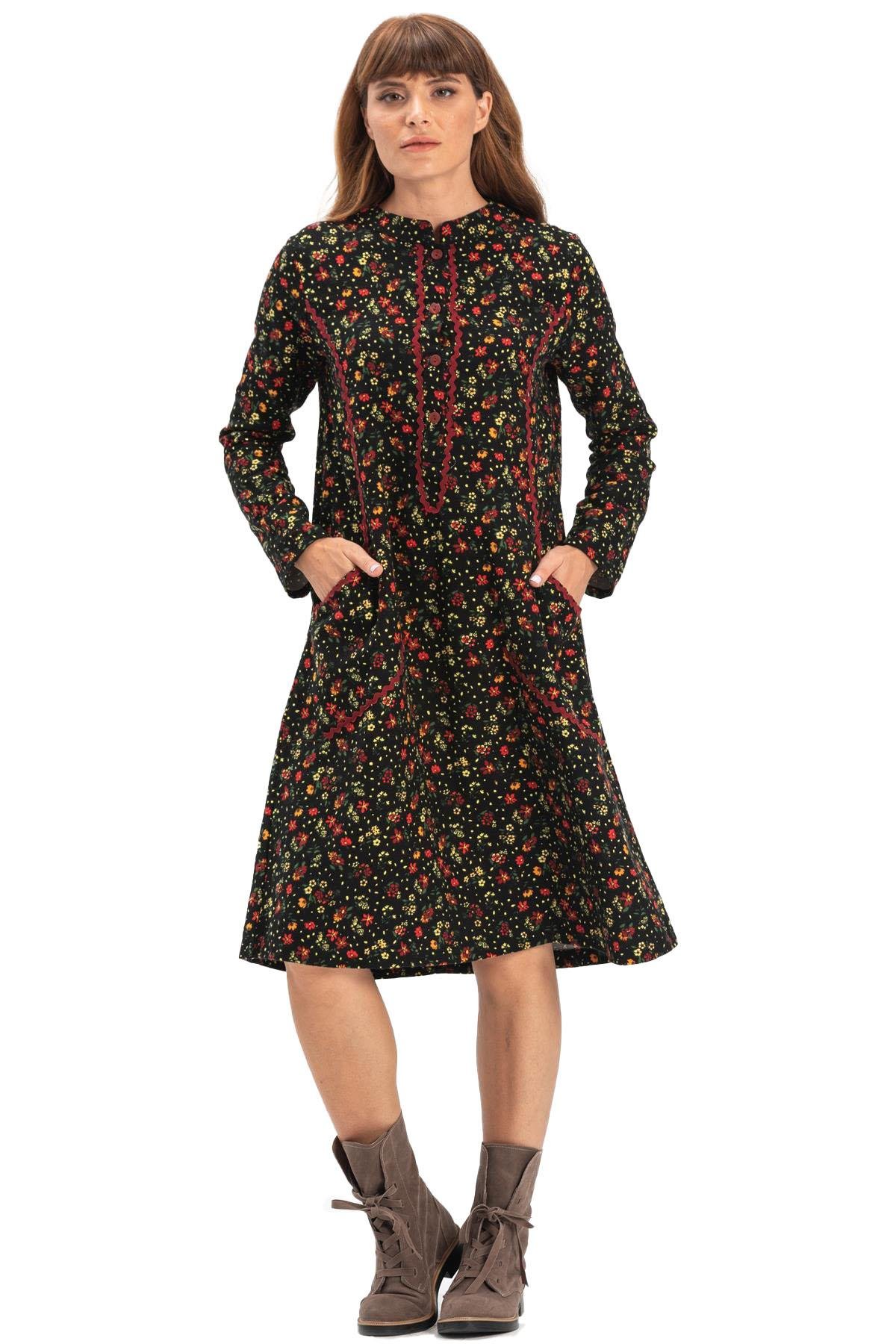Long Sleeve Flannel Sudenaz Short Dress Floral Pattern Black silemoda