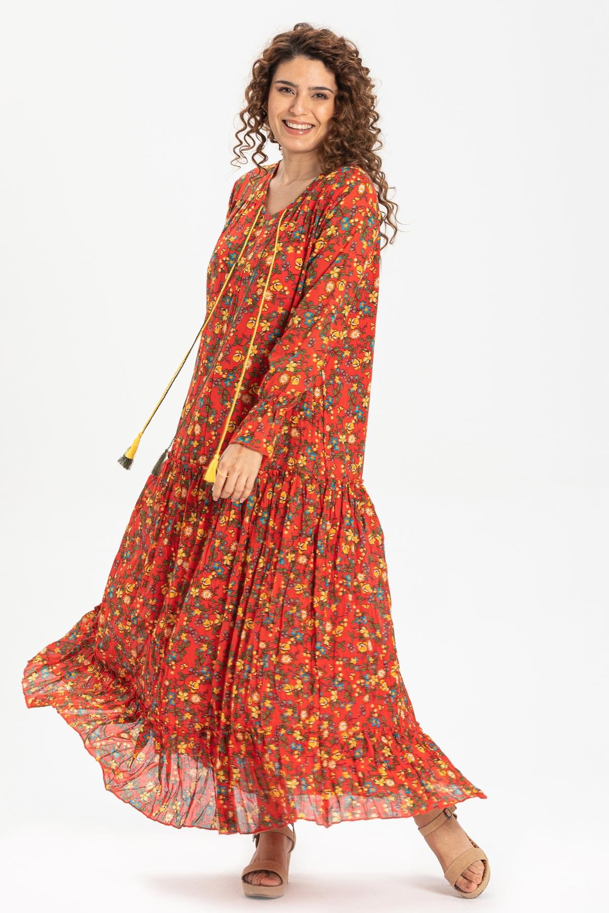 Uzun Kol Vual Gonca Uzun Elbise Tomurcuk Desen Turuncu 6168