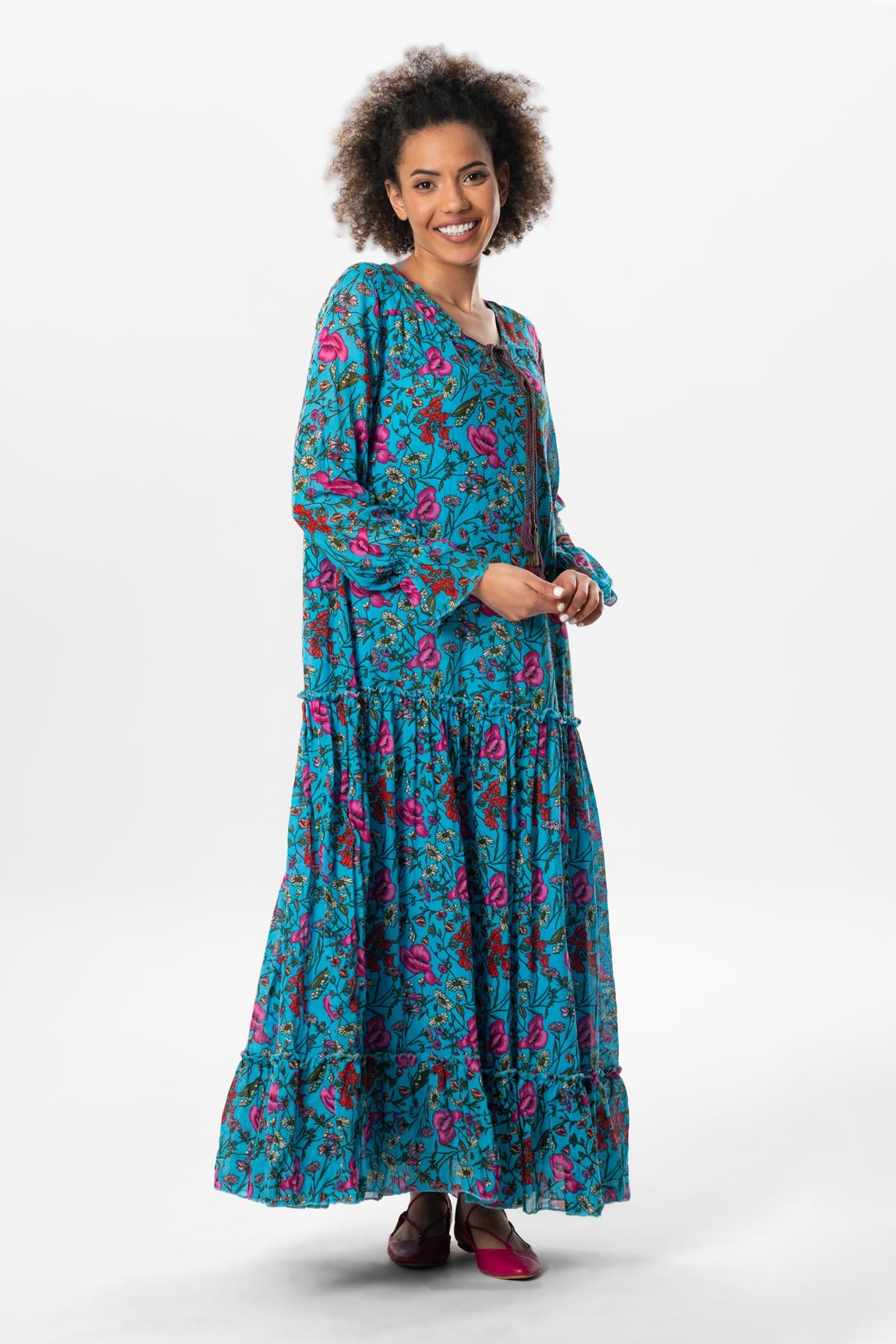 Long Arm Voile Gonca Long Dress Gelincik Pattern Turquoise