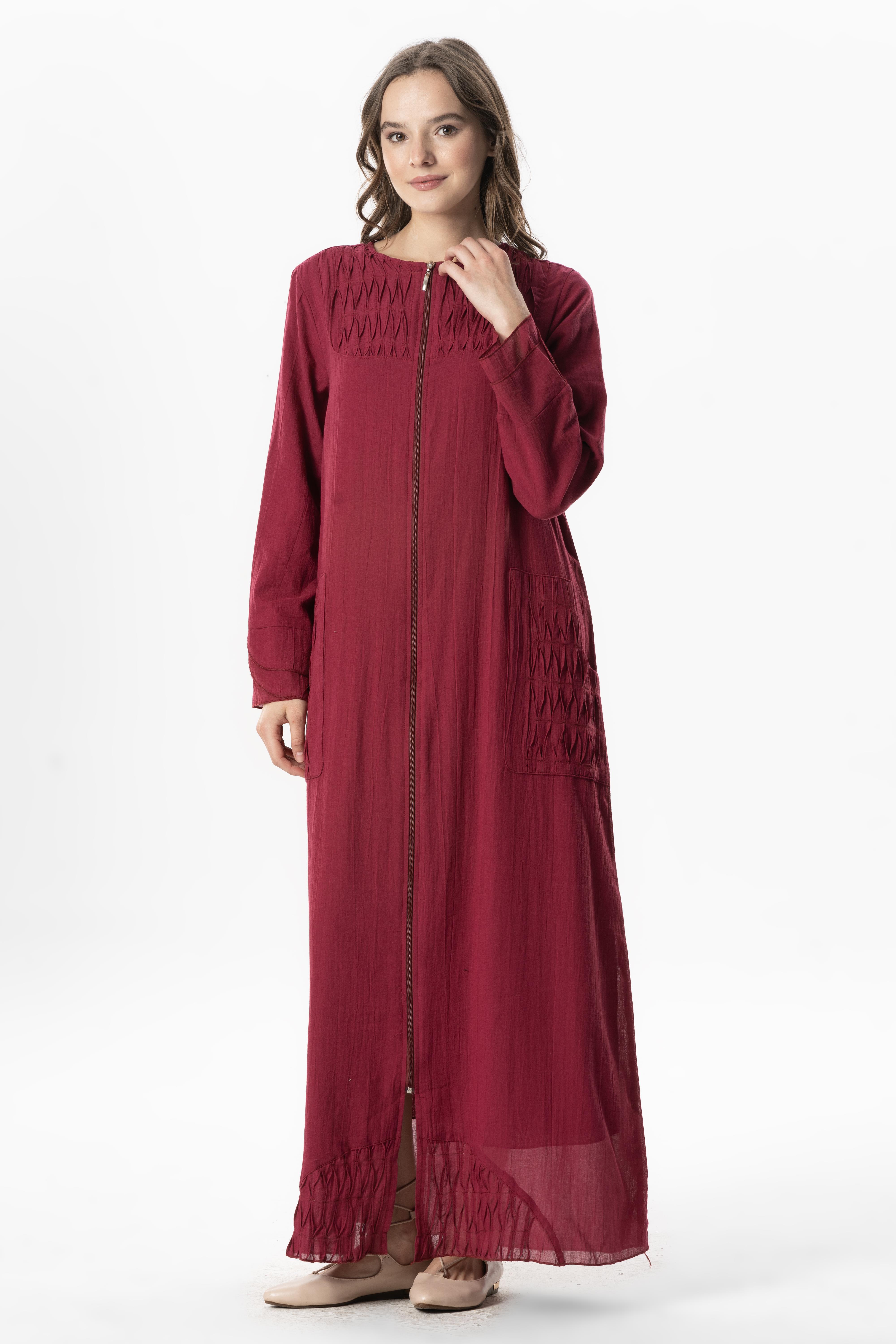 Long Sleeve Voile Tülay Ribbed Summer Abaya Burgundy 