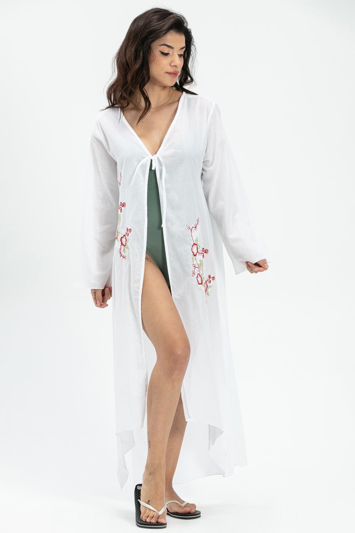 Long Sleeve Voile Yaprak Long Pareo White