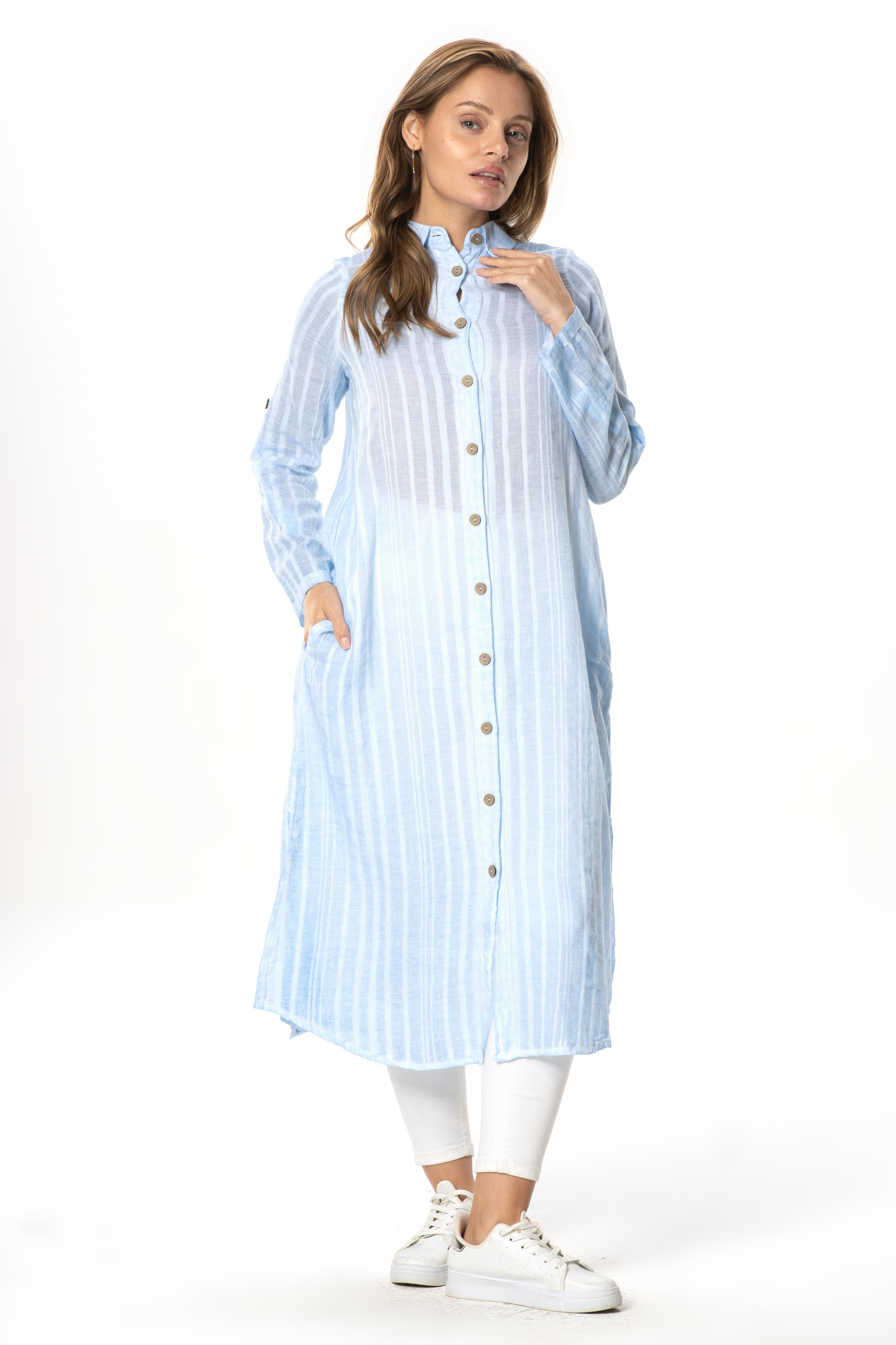 Uzun Kol Yakalı Gofre Mevsimlik ve Yazlık Tunik Buz Mavi 9012