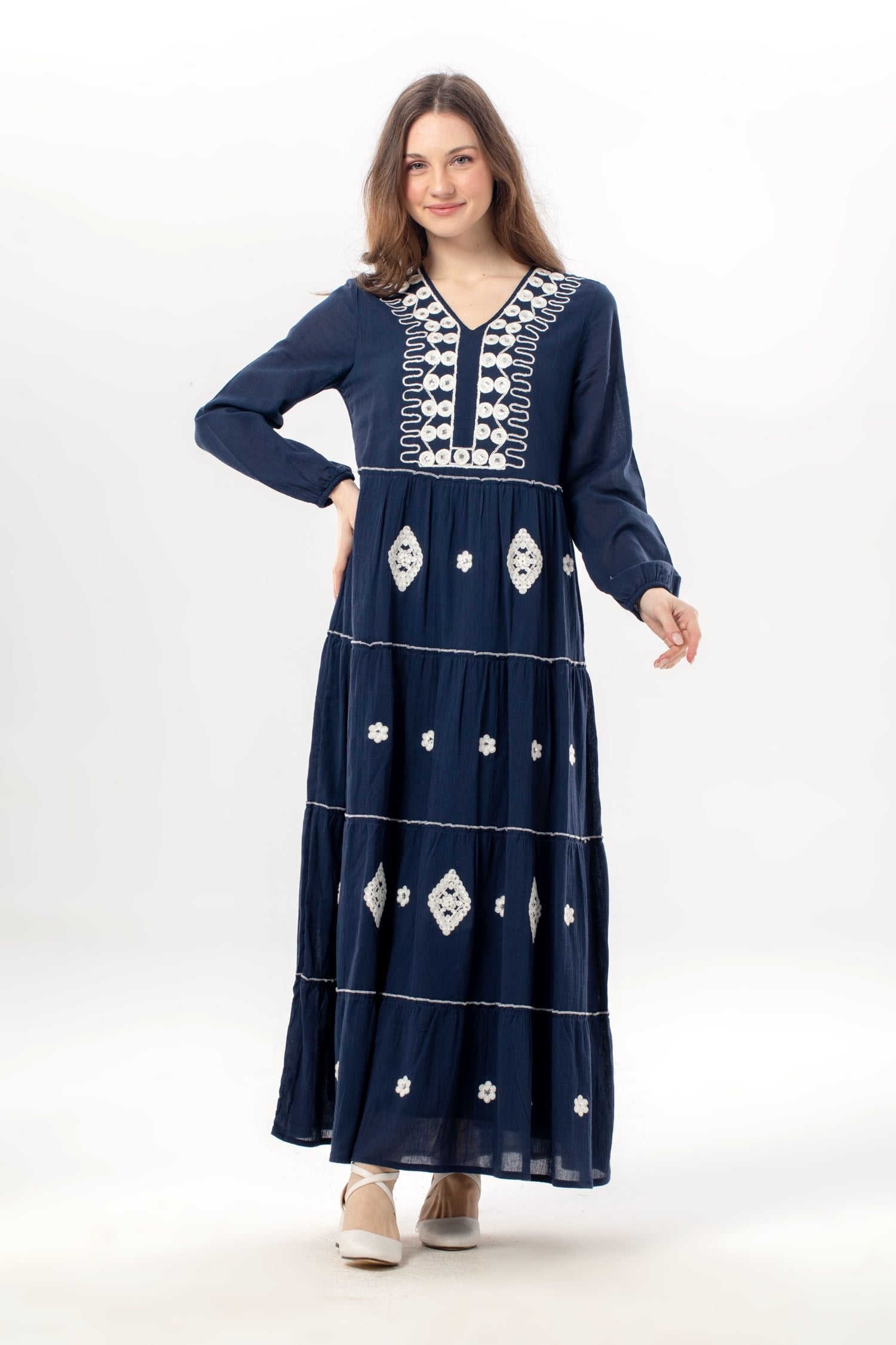 Long Sleeve Yakamoz V-Neck Embroidered Sile Fabric Long Sequin Dress Navy Blue