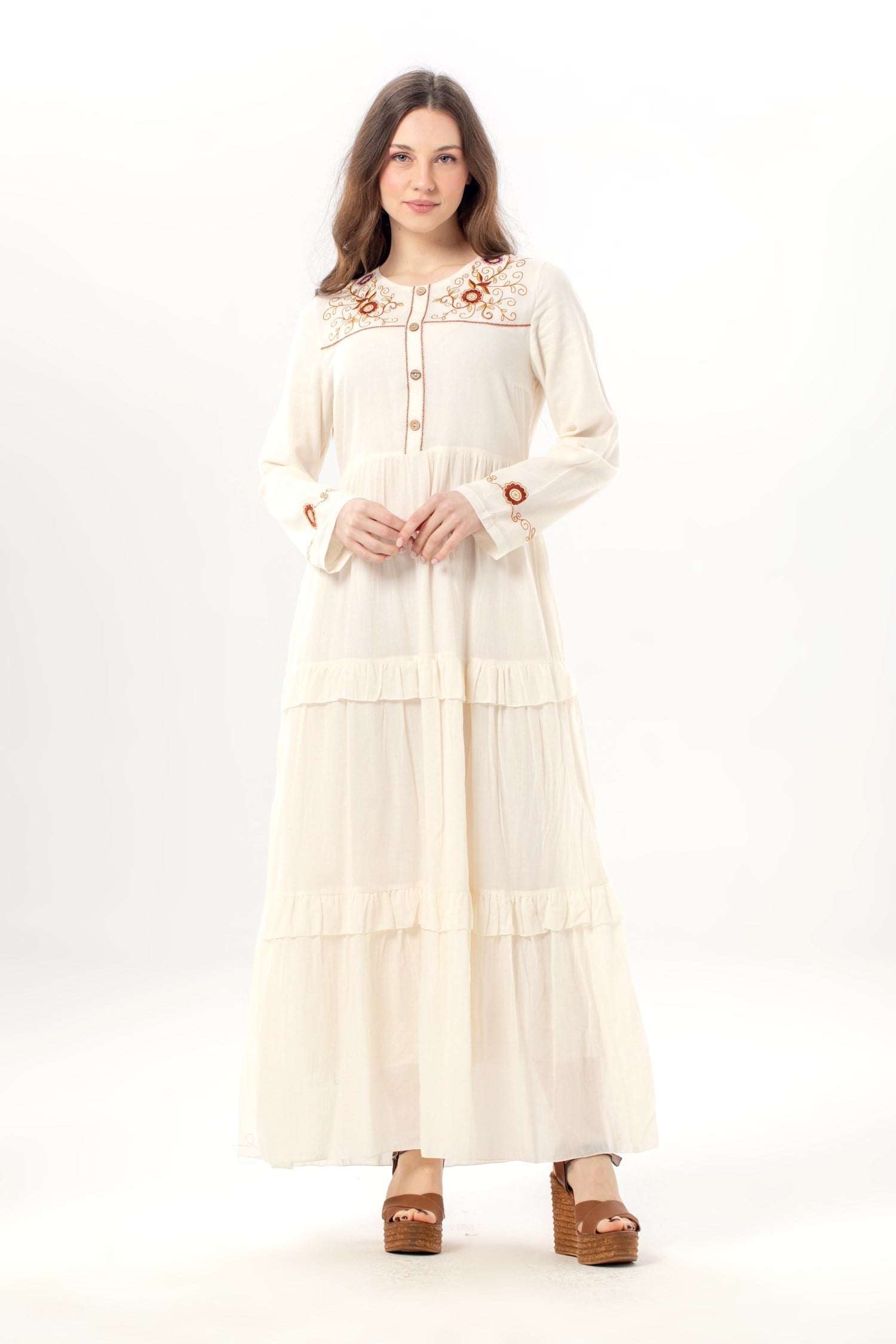 Long Sleeve Zeynep Embroidered Long Voile Dress Cream