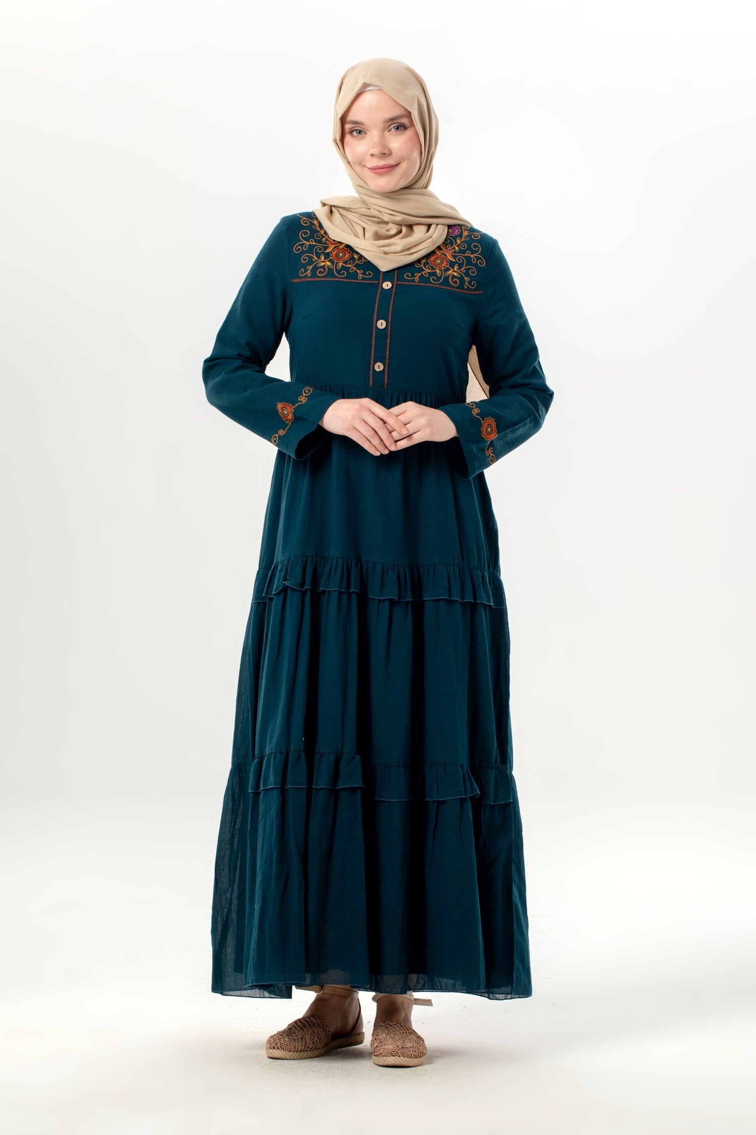 Long Sleeve Zeynep Embroidered Long Voile Dress Dark Green