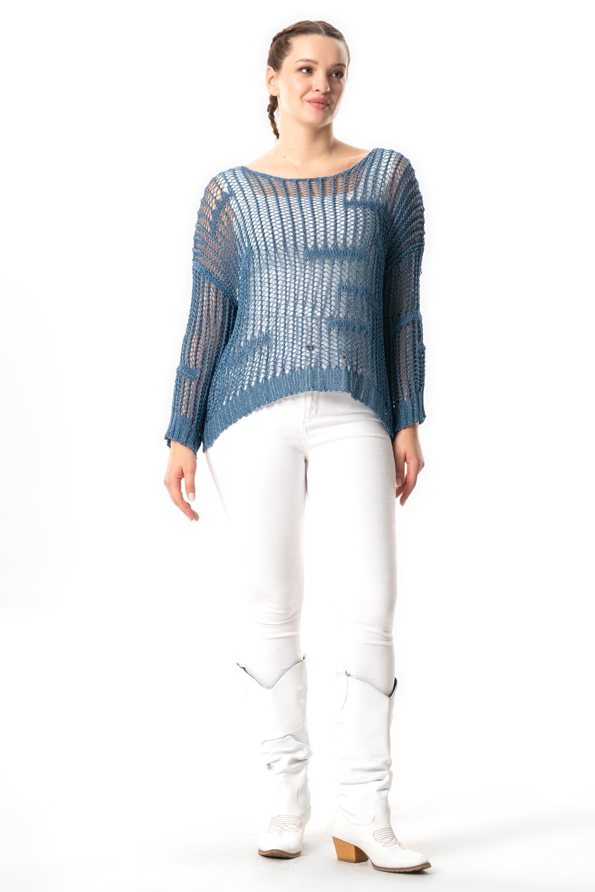 Long Sleeve Zübeyde Fall Winter Openwork Knitwear Blouse Indigo
