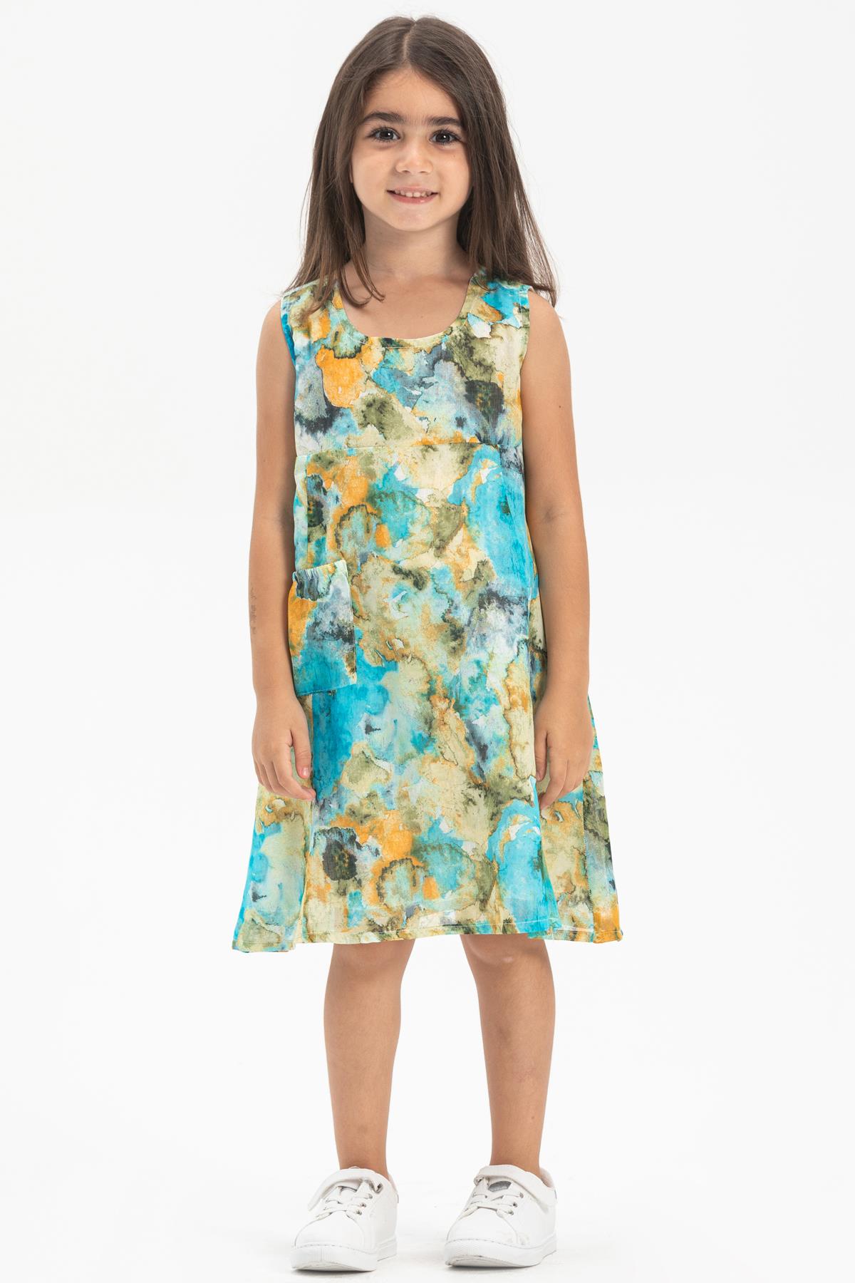Voile Nesrin Kid's Dress Tie Dye Pattern Turquoise