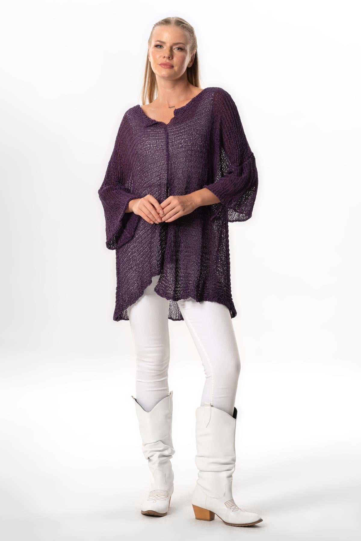 Bat Sleeve Elmas Boat Neck Autumn and Winter Asymmetric Knitwear Blouse Purple