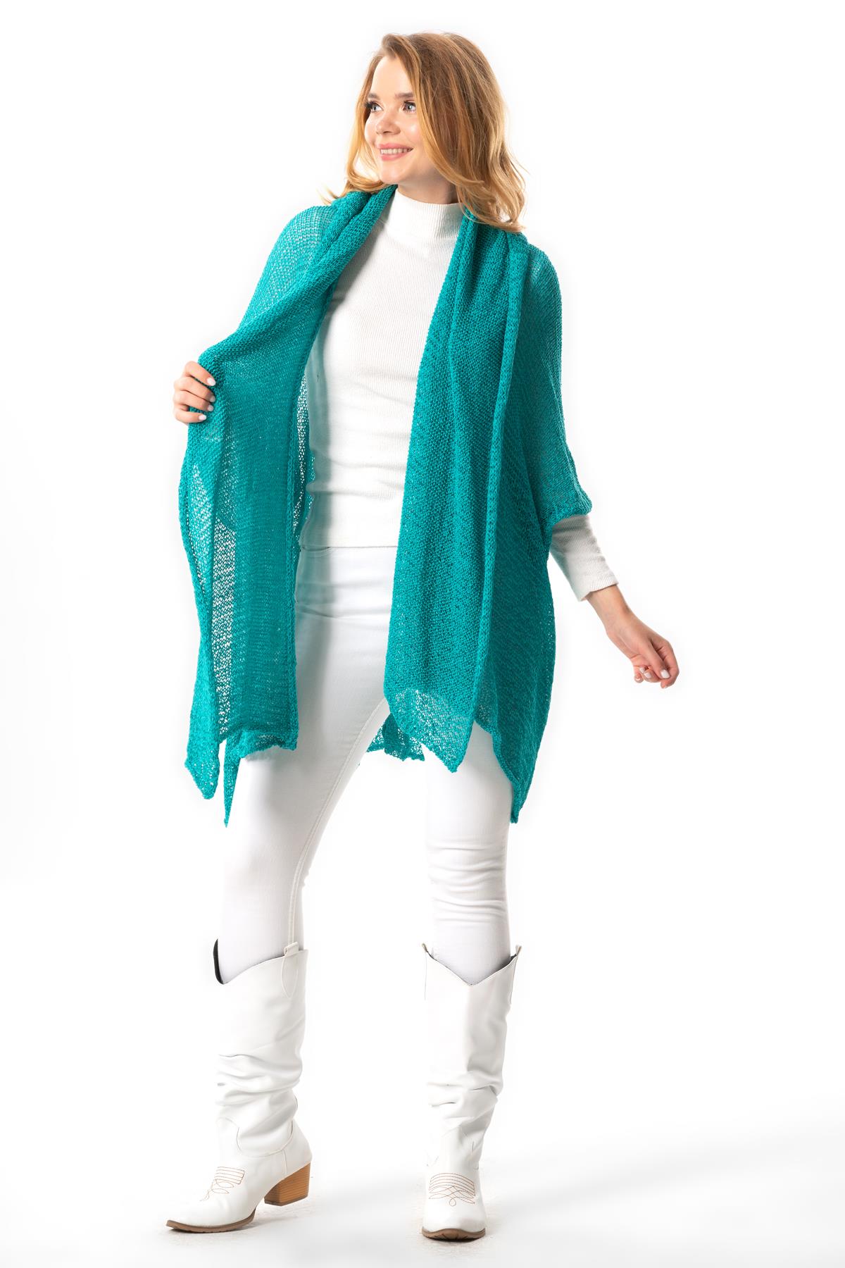 Bat Sleeve Feray Turtleneck Autumn and Winter Authentic Bohemian Knitwear Cardigan Turquoise