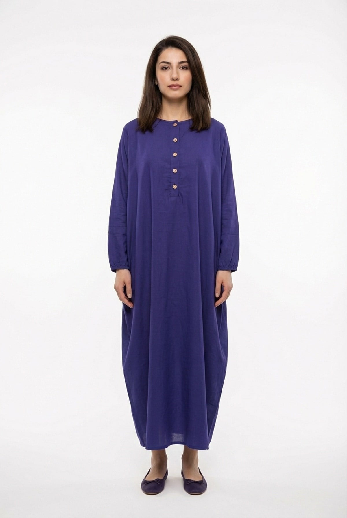 Batwing Sleeve Mahinur Şile Fabric Buttoned Bicycle Neckline Summer Abaya Purple 