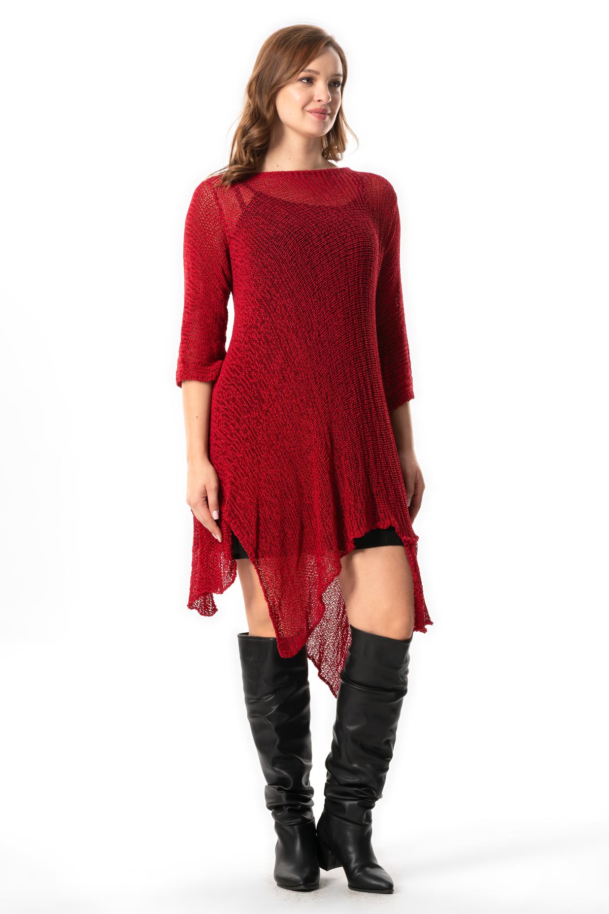 Half Sleeve Göksu Asymmetrical Cut Autumn and Winter Sweater Tunic Red
