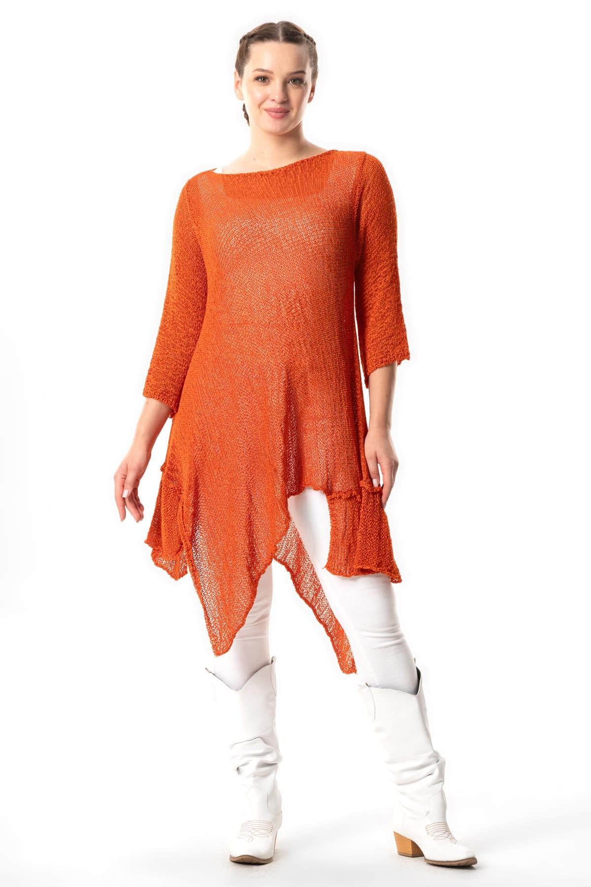 Half Sleeve Göksu Asymmetrical Cut Autumn and Winter Sweater Tunic Orange