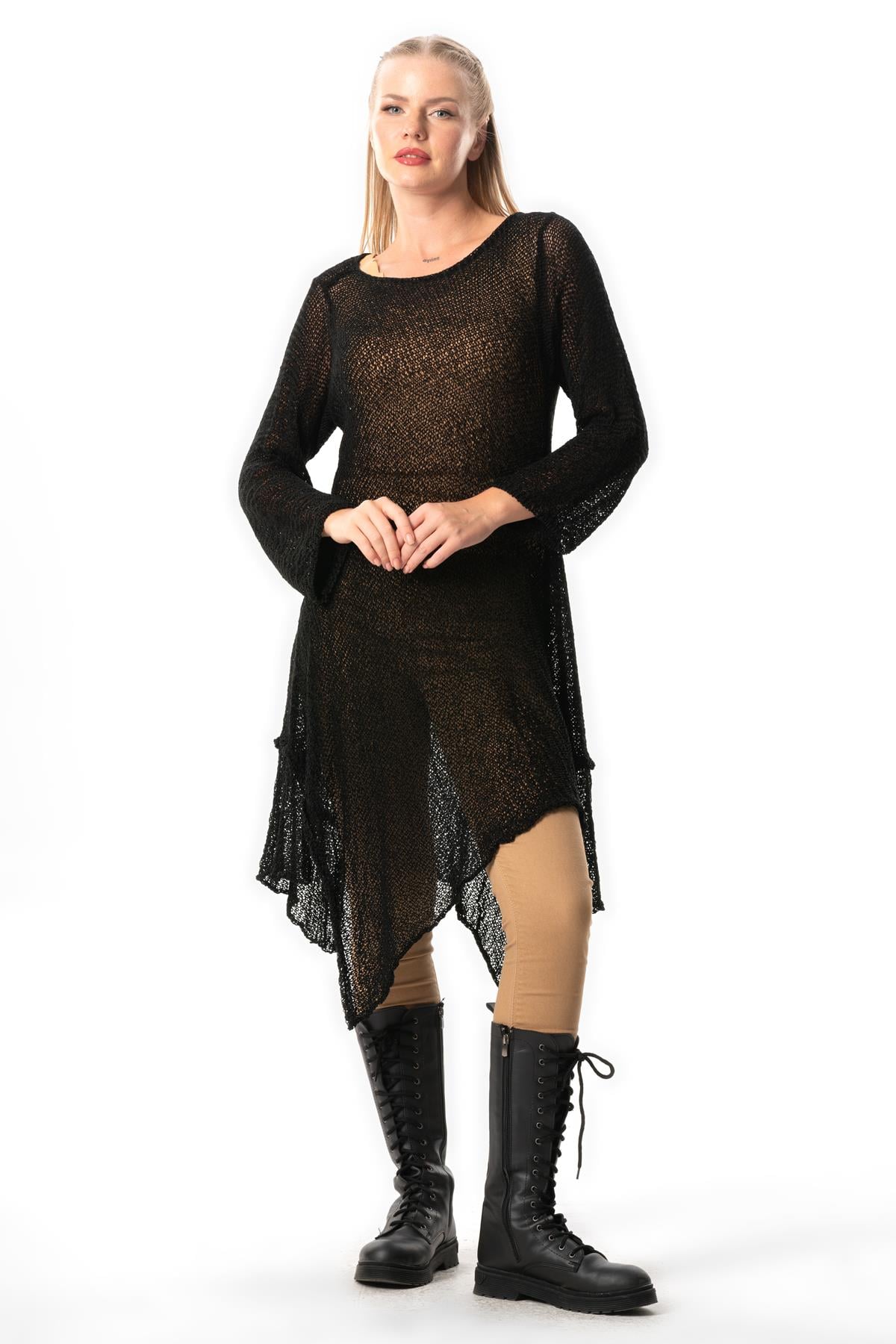 Half Sleeve Göksu Asymmetrical Cut Autumn and Winter Sweater Tunic Black