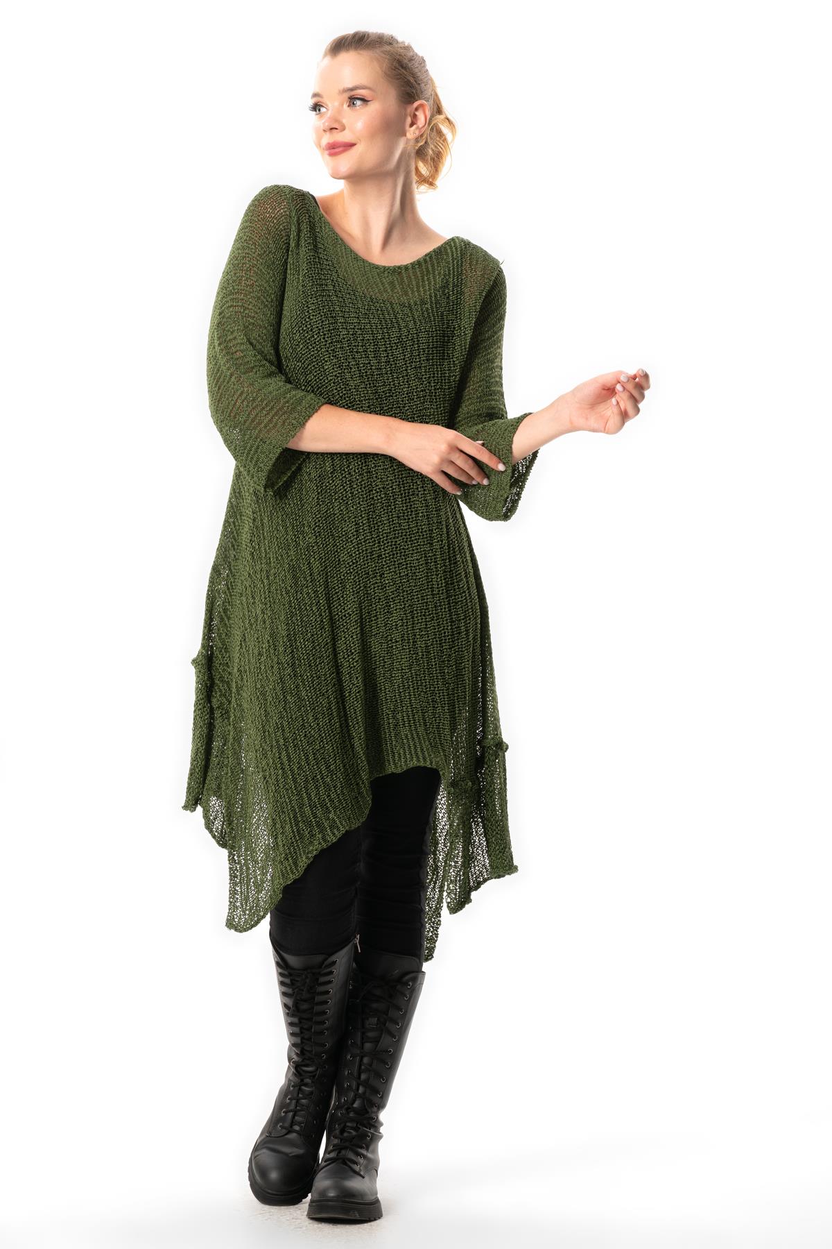 Half Sleeve Göksu Asymmetrical Cut Autumn and Winter Sweater Tunic Khaki