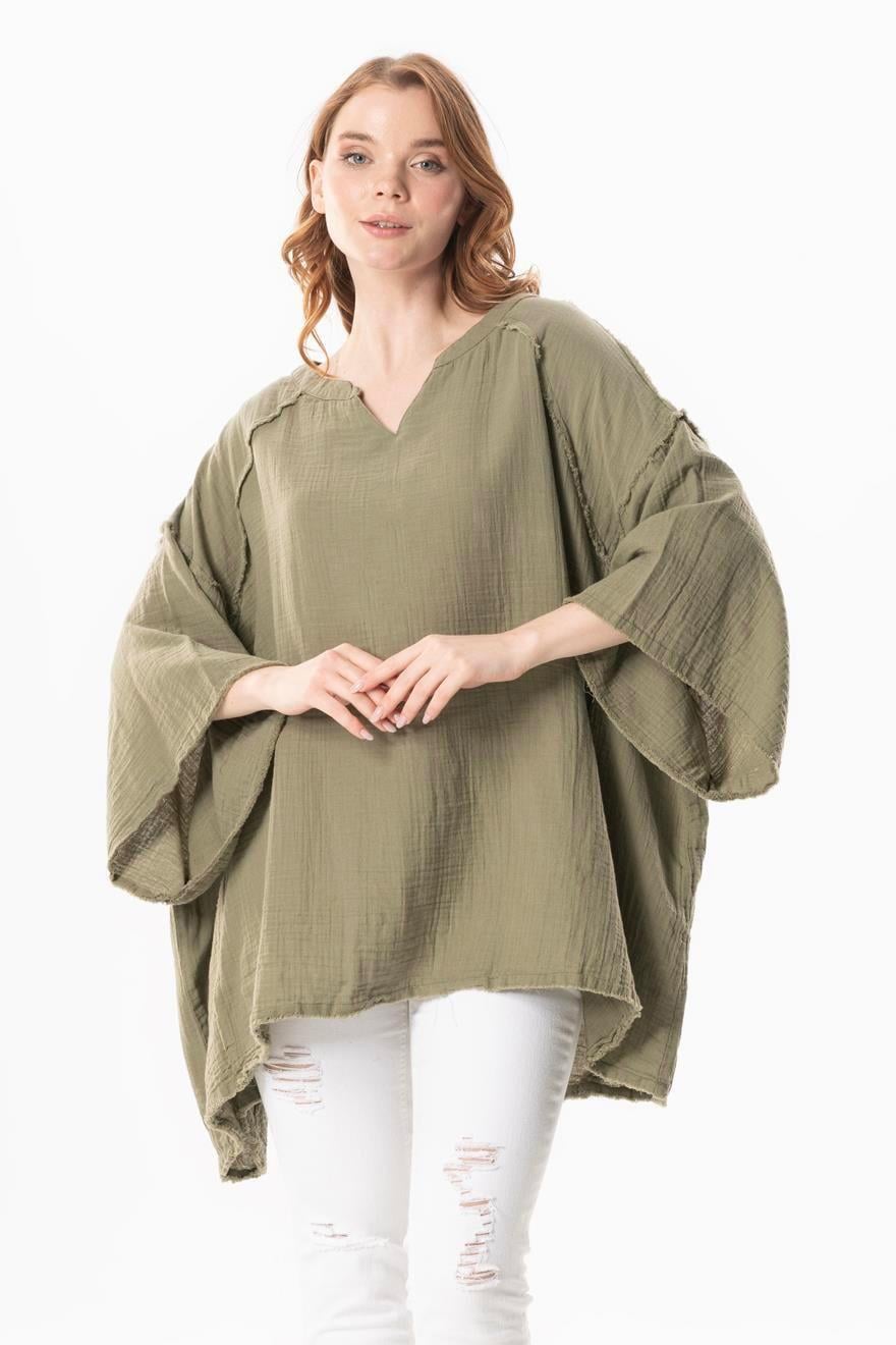 Half Sleeve Nadya V Neck Muslin Summer Blouse Khaki