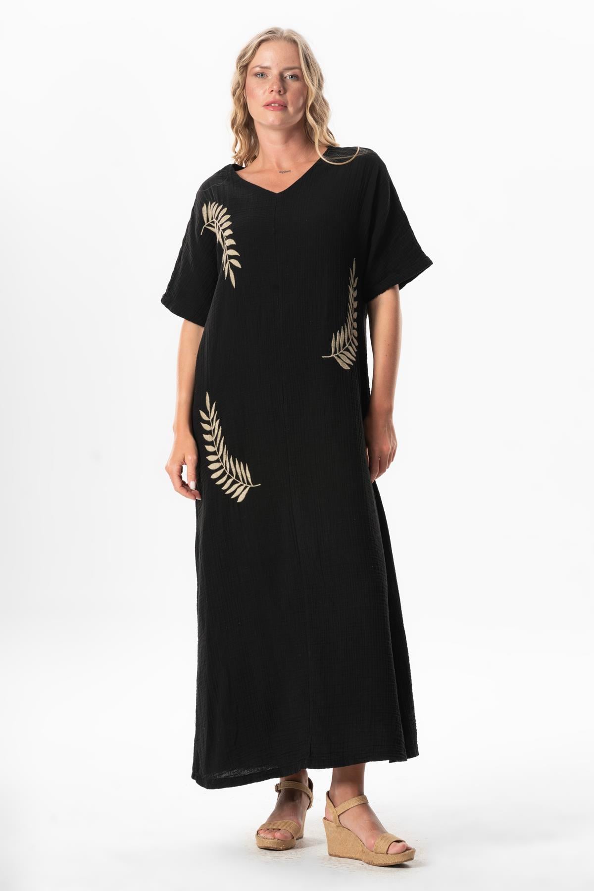 Half Sleeve V Neck Yaprak Printed Long Muslin Summer Dress Black/Black
