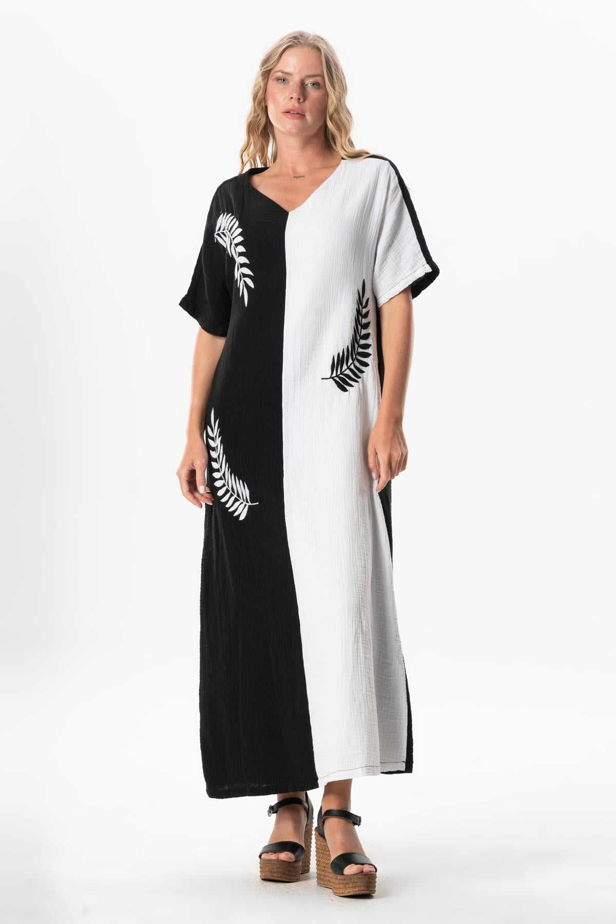Half Sleeve V Neck Yaprak Printed Long Muslin Summer Dress Black/White