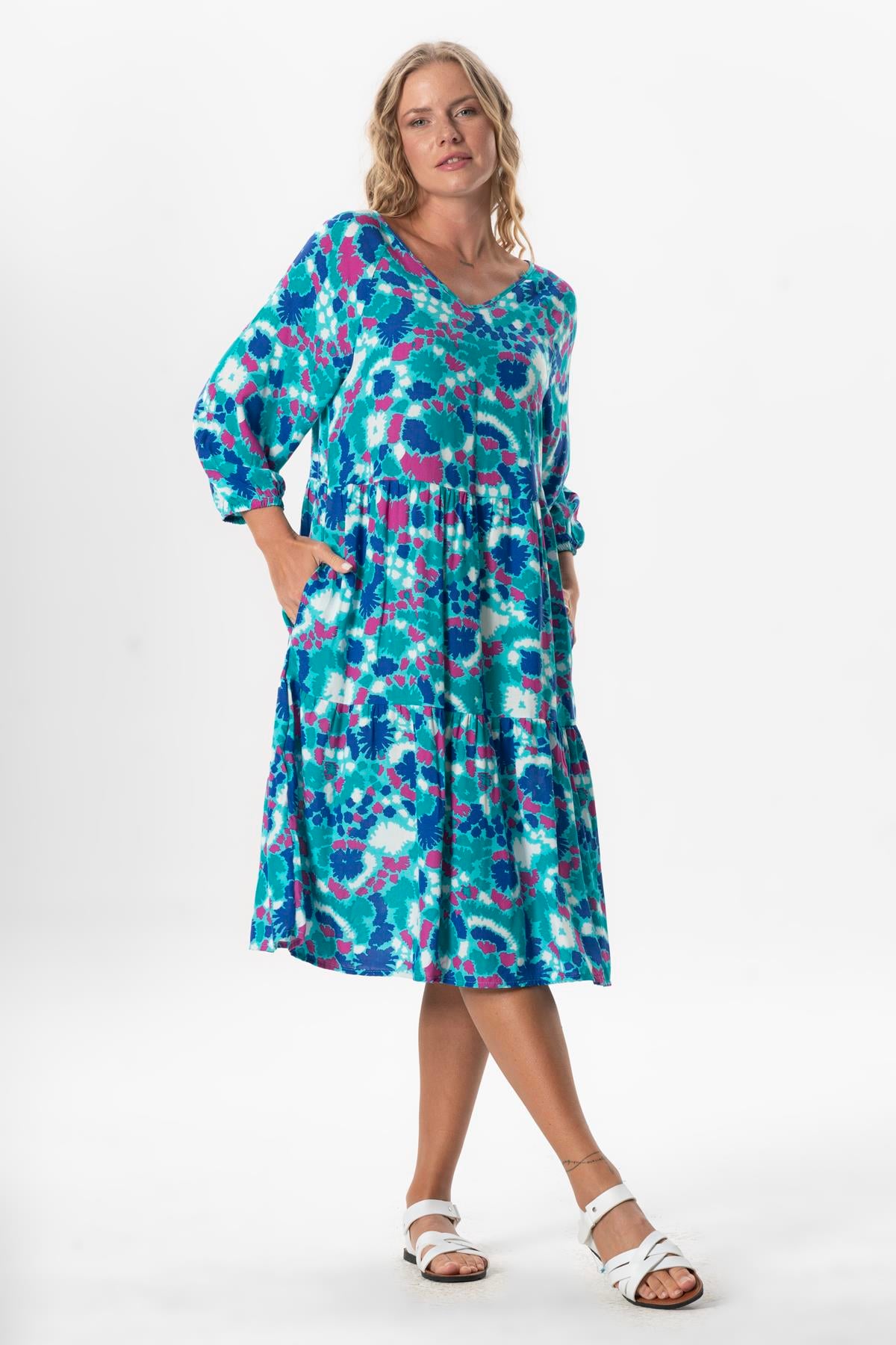 Half Sleeve Viscose Esin V Neck Midi Length Summer Dress Abstract Nile Green