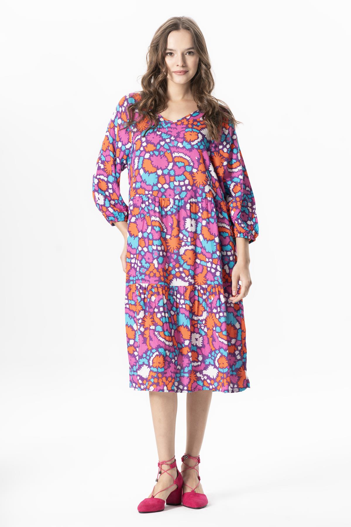 Half Sleeve Viscose Esin V Neck Midi Length Summer Dress Abstract Purple