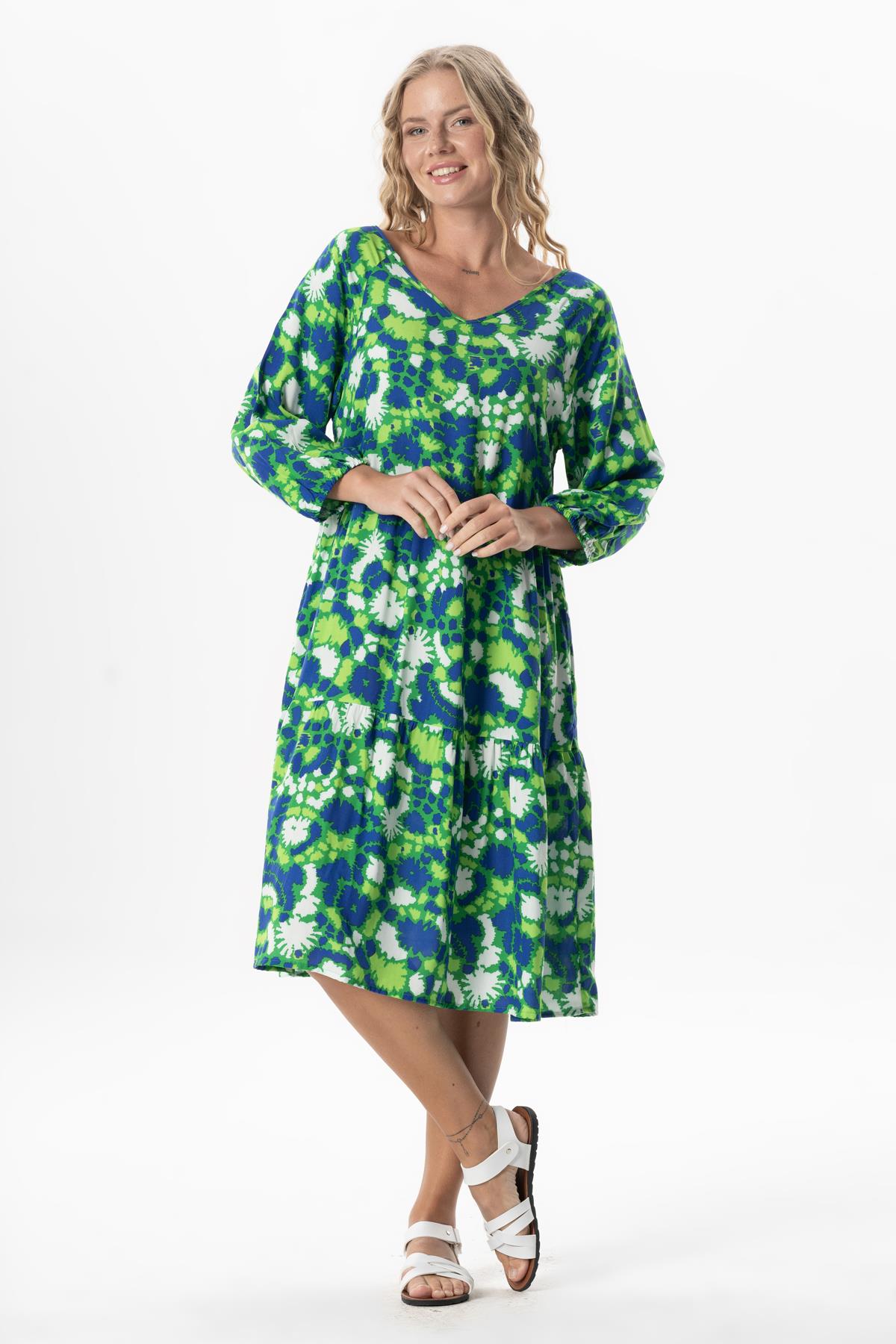 Half Sleeve Viscose Esin V Neck Midi Length Summer Dress Abstract Grass Green