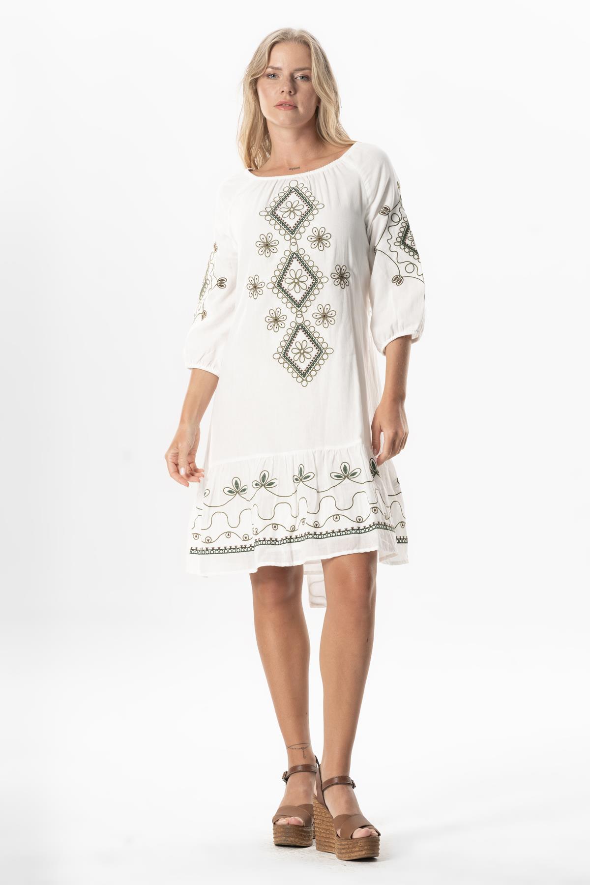 Half Sleeve Voile Yeşim Belt Detailed Embroidered Short Summer Dress Cream