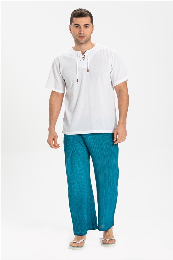Men Sile Fabric Thai Fisherman Pants Turquoise | silemoda.com
