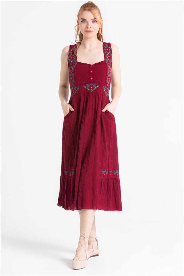 Sleeveless Şile Cloth Alara Embroidered Midi Length Dress Claret Red