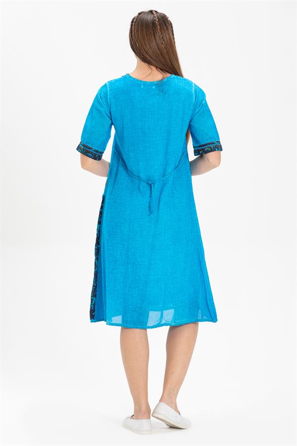 Short Sleeve Şile Fabric Dilek Midi Length Dress Turquoise
