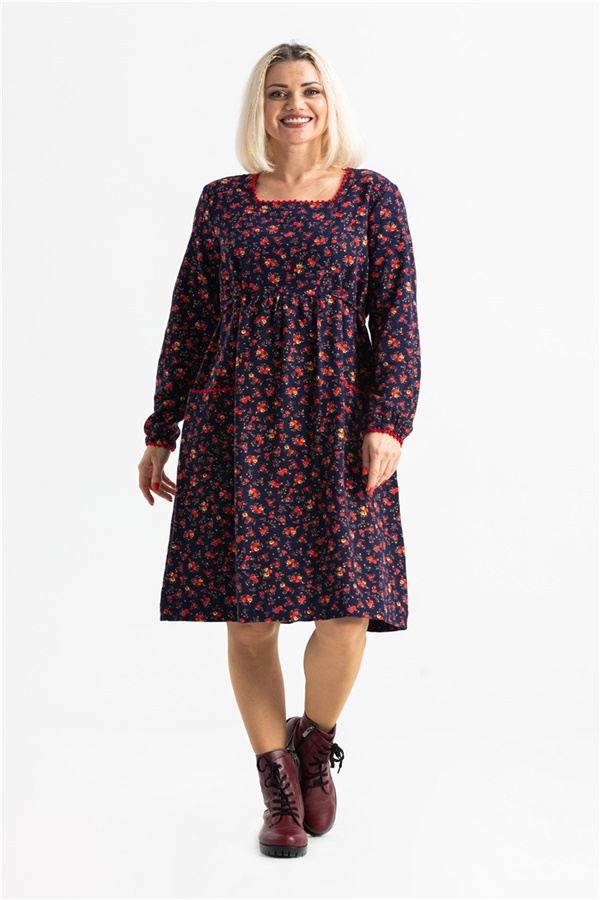 Long Sleeve Flannel Dilan Embroidered Midi Length Dress Navy Blue