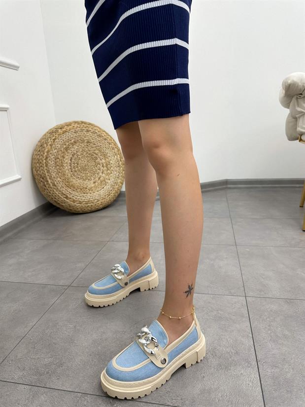 Açık Kot Mavi (Fabio) Üç Tokalı Kadın Loafer