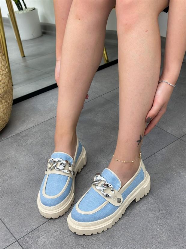 Açık Kot Mavi (Fabio) Üç Tokalı Kadın Loafer