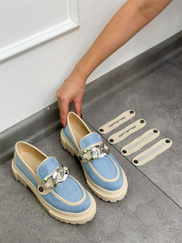 Açık Kot Mavi (Fabio) Üç Tokalı Kadın Loafer
