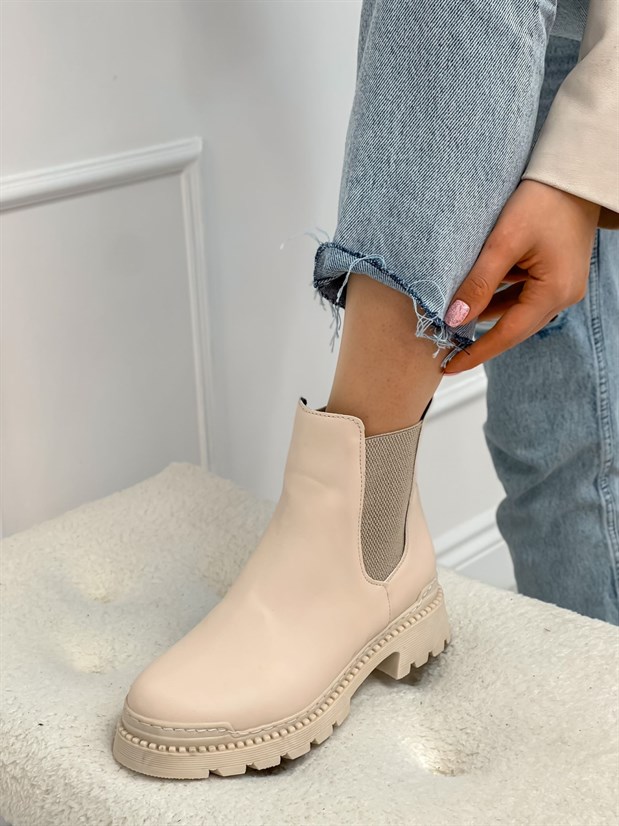 Bej Cilt (Bracca) Lastik Detay Kadın Bot