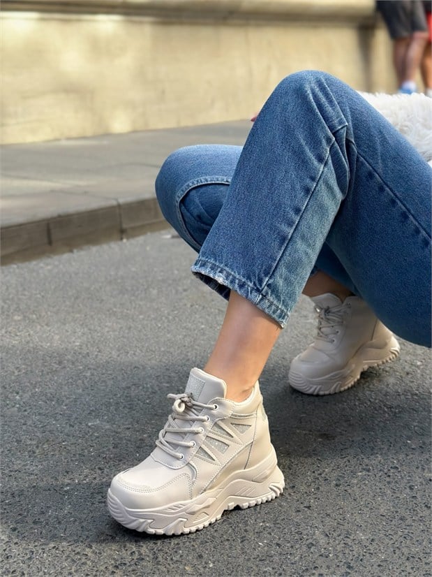 Bej Cilt ( Celly )Gizli Topuk Dolgu Topuk 7 Cm Boy Uzatan Sneakers