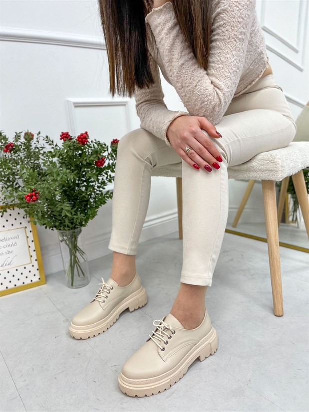 Bej Cilt (College) Kadın Bağcıklı Loafer