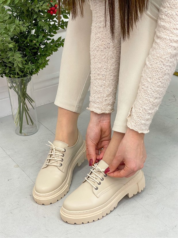 Bej Cilt (College) Kadın Bağcıklı Loafer