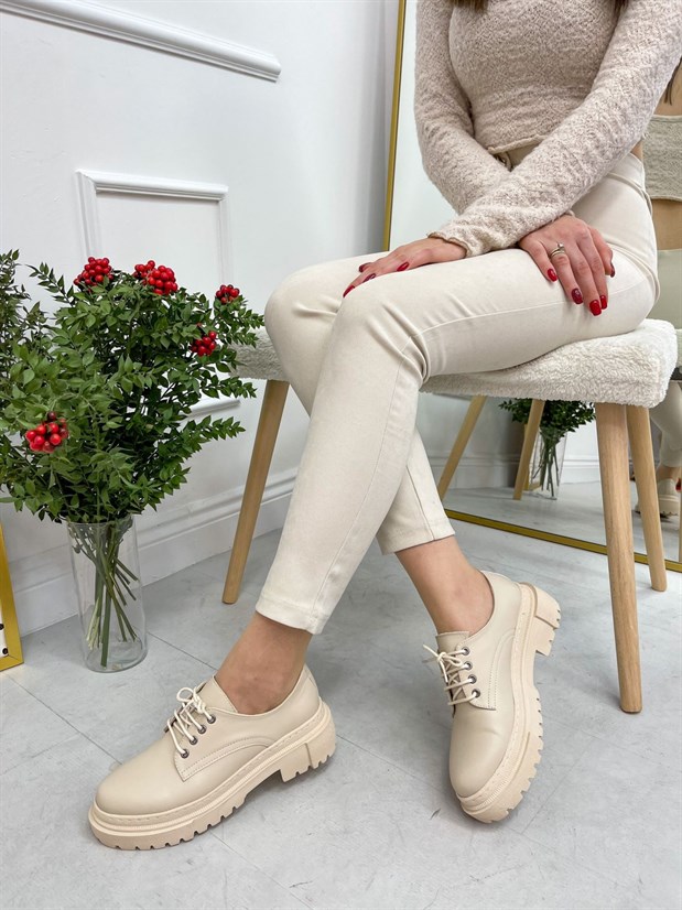 Bej Cilt (College) Kadın Bağcıklı Loafer