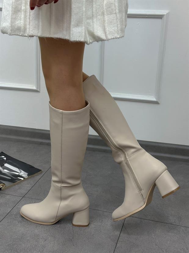 Bej Cilt (Hoon) Topuklu Fermuar Detay Kadın Çizme