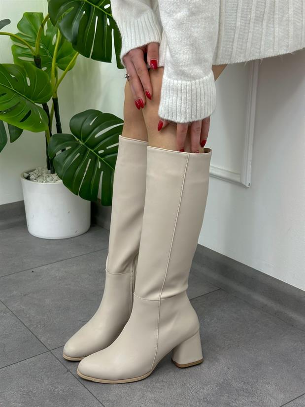 Bej Cilt (Hoon) Topuklu Fermuar Detay Kadın Çizme