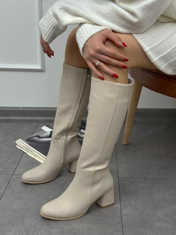 Bej Cilt (Hoon) Topuklu Fermuar Detay Kadın Çizme