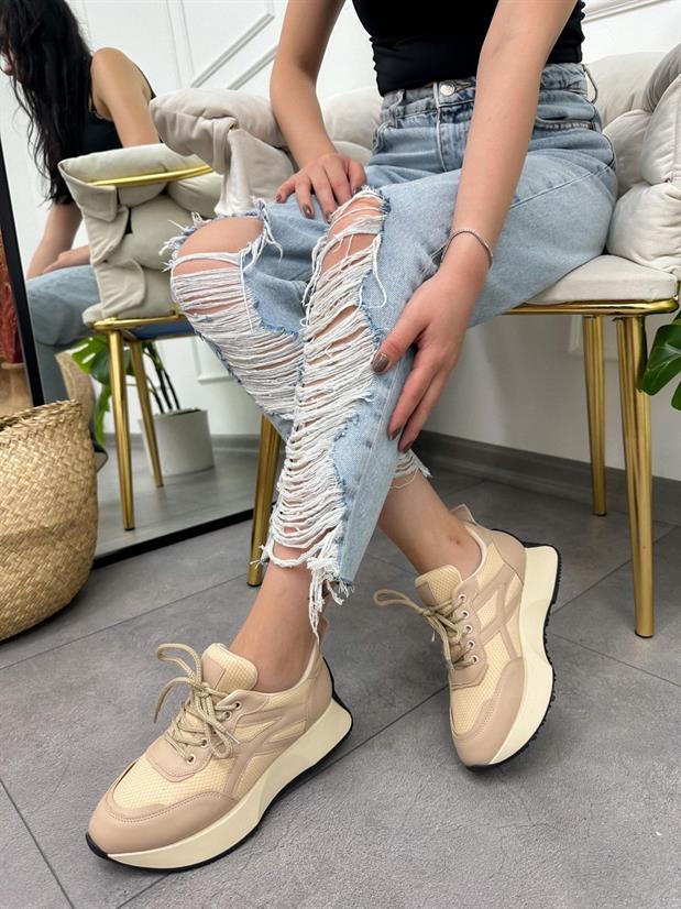 Bej Cilt (John) Kadın Bağcıklı Sneakers