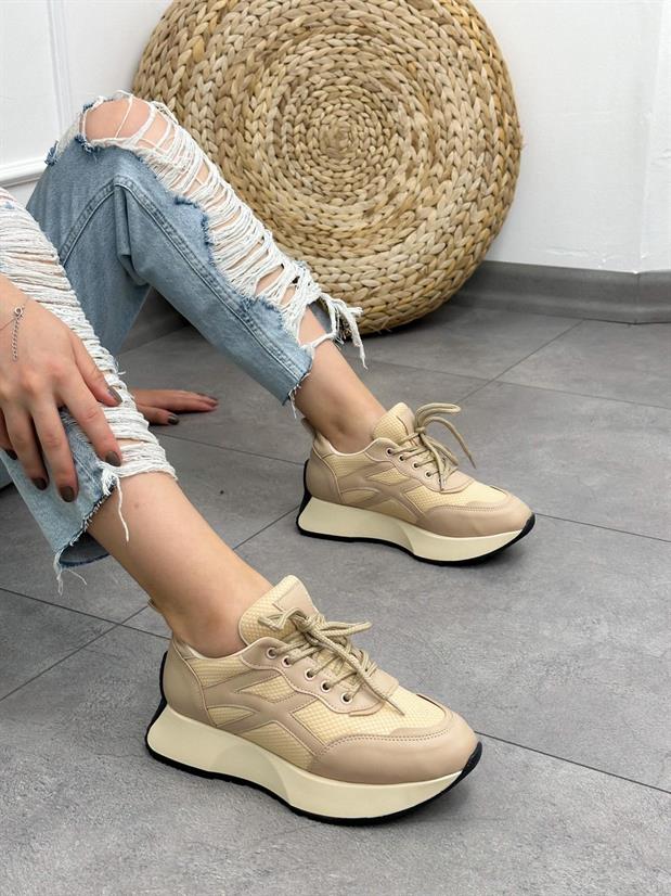 Bej Cilt (John) Kadın Bağcıklı Sneakers